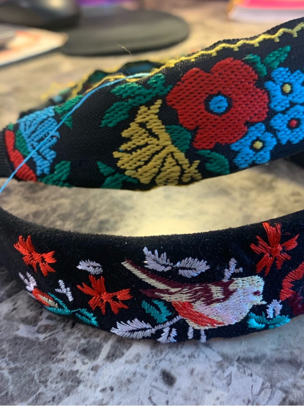 Floral Embroidered Black Headbands - Set of 2 - Picture 2 of 3